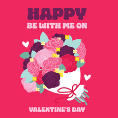 A vibrant rose bouquet with a ribbon on a bright pink background, radiating love and joy for Valentine’s Day.