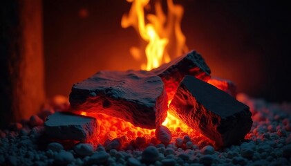 Warm, inviting fireplace embers glow in the dark , winter, hearth