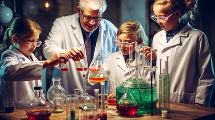 Laboratory assistants conducting an engaging chemistry lesson with students in a well-equipped science lab during an evening session focused on hands-on experiments - Powered by Adobe