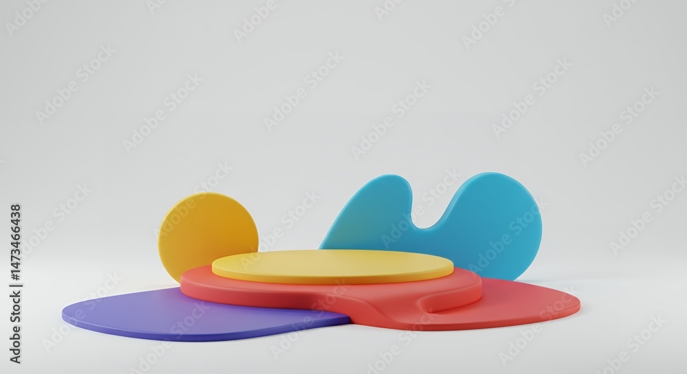 Poster abstract 3d rendering of a colorful geometric podium with various shapes, circles, and flowing forms