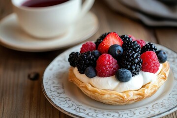 Cream Filled pastry topped with an assortment of fresh berries served on an elegant plate with tea, Cream-filled pastry topped with fresh berries on plate, tea in background