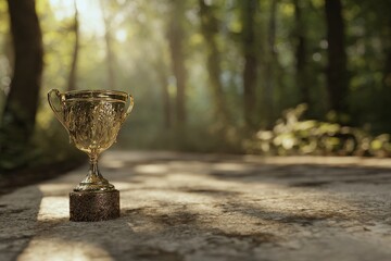 Golden trophy positioned on a stone path in a sunlit forest.