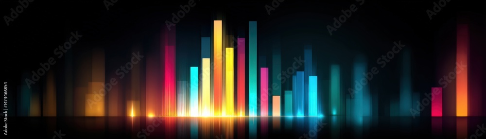 Poster a colorful digital equalizer display with glowing vertical bars on a dark background.
