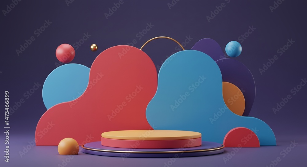 Poster abstract 3d rendering of a vibrant geometric podium with colorful shapes and spheres against a deep 