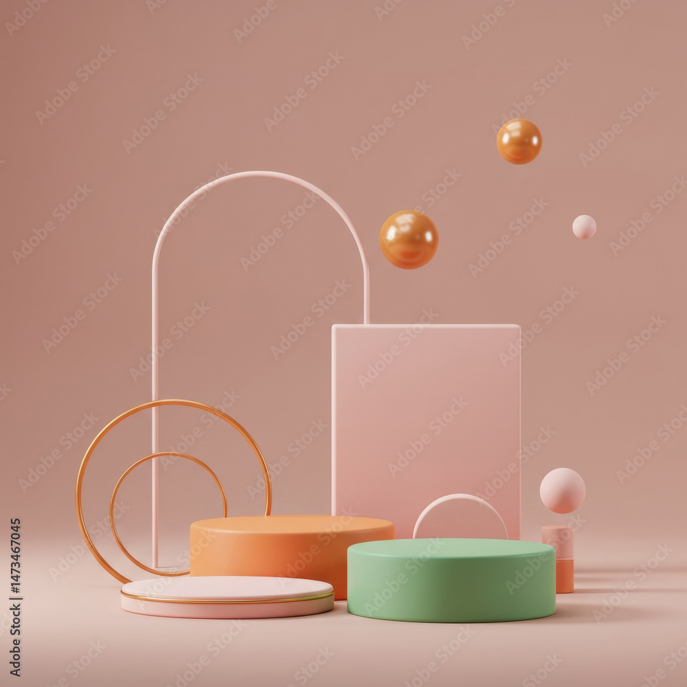 Poster pastel geometric display podiums with floating orbs in a neutral background. modern aesthetic presen