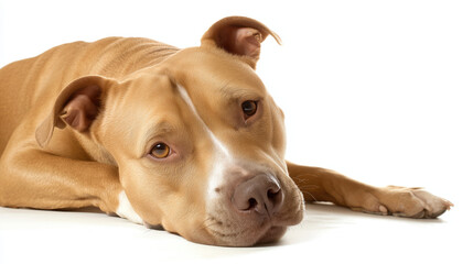 A light brown dog lies down, resting its head on the floor, gazing directly at the viewer