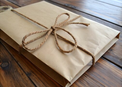 A brown bag with a brown rope tied to it