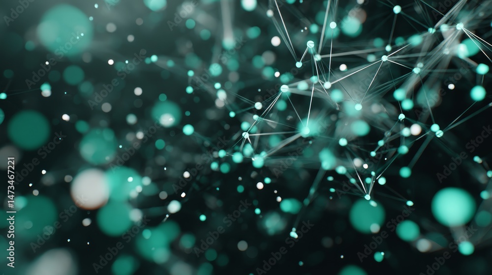 Poster A high angle wide shot showcases a digital network of glowing cyan nodes and lines, creating a sleek futuristic atmosphere with clear space on the left side