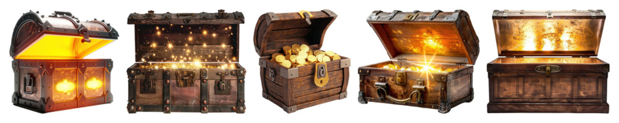 Fototapeta na wymiar PNG Glowing treasure chests collection, element set on transparent background