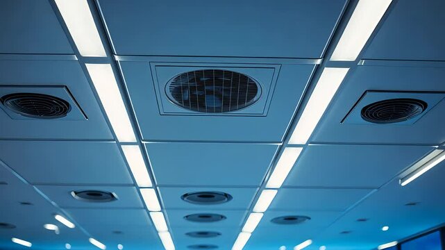 Ceiling view of modern indoor ventilation system with circular air vents and integrated fluorescent lighting in a clean industrial space

