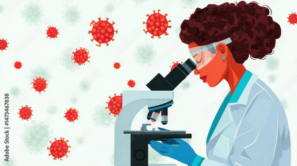 Poster scientist analyzing viruses under a microscope in a lab setting.