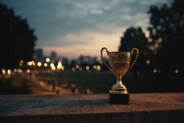 Fototapeta premium Golden trophy rests on a stone surface at twilight.
