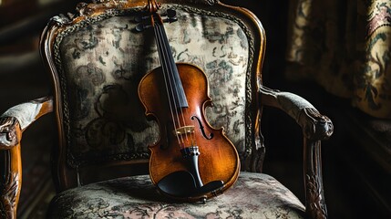 Obraz premium Violin rests on antique chair
