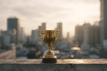 Naklejka na ściany i meble Golden trophy atop a building with a city view.