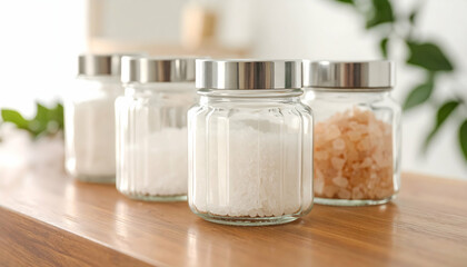 Glass Jars of Salt and Sugar on Wooden Countertop