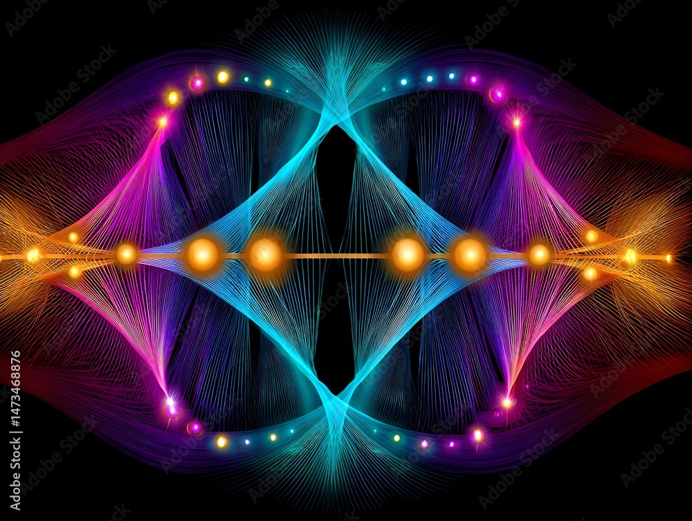 Poster abstract vibrant neon background with symmetrical geometric patterns and glowing lights