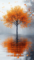 Hyperrealistic falling leaves cascade from a tree, symbolizing surrender and spiritual trust, with serene water reflections and a blurred minimalistic background enhancing the scene's contemplative mo