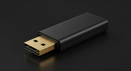 Black USB flash drive angled on a dark surface. Modern, sleek design with gold-colored connector.