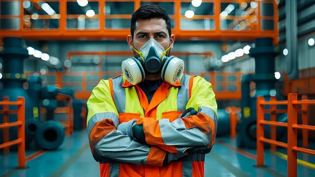 Industrial worker in protective gas mask and high-visibility suit standing with arms crossed inside large factory with machinery and lights


