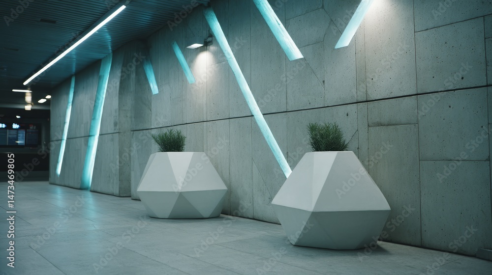 Aufkleber modern gallery space showcases geometric sculptures illuminated by teal lighting, creating an inviti
