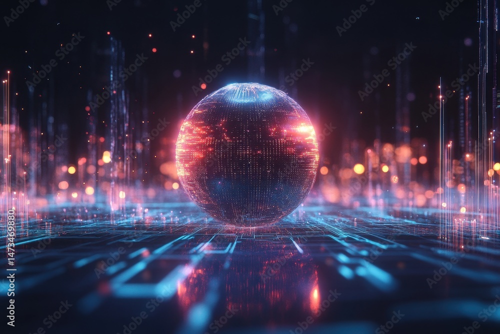 Poster glowing orb radiates light in a futuristic digital environment with vibrant colors and intricate pat