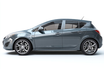 Fototapeta premium Sleek, metallic-grey hatchback, side profile view against white background