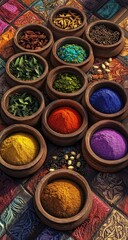 Colorful array of various spices in small bowls