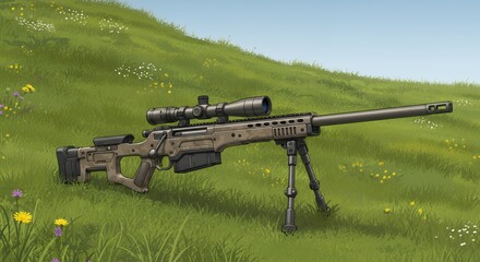 Sniper rifle on grassy hill