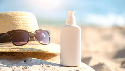 Beach essentials: Sunscreen, sunglasses, and hat for a sunny day at the coast.