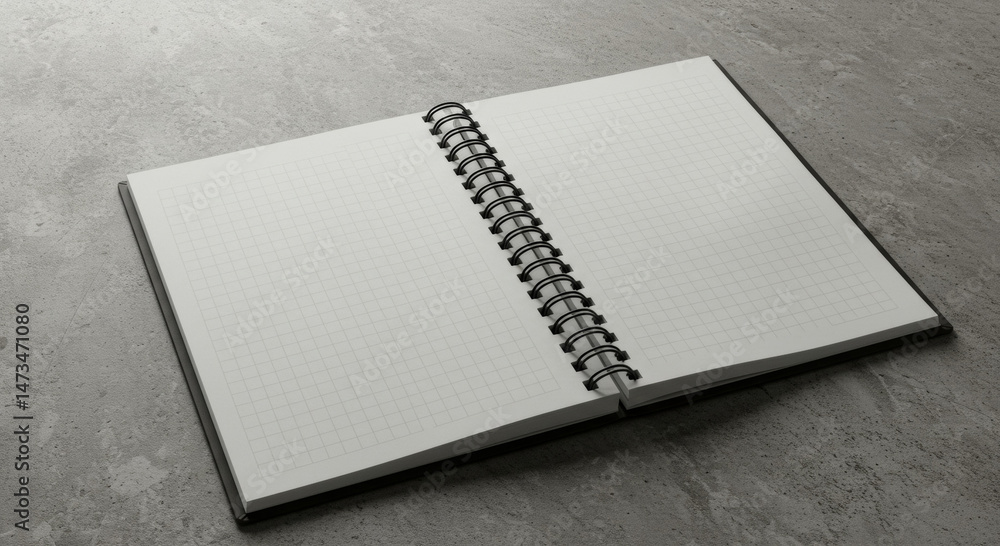 Poster black spiral-bound notebook with grid paper open on a gray concrete surface. blank pages ready for n