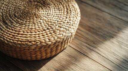Fototapeta premium Close-up of a circular woven floor cushion.