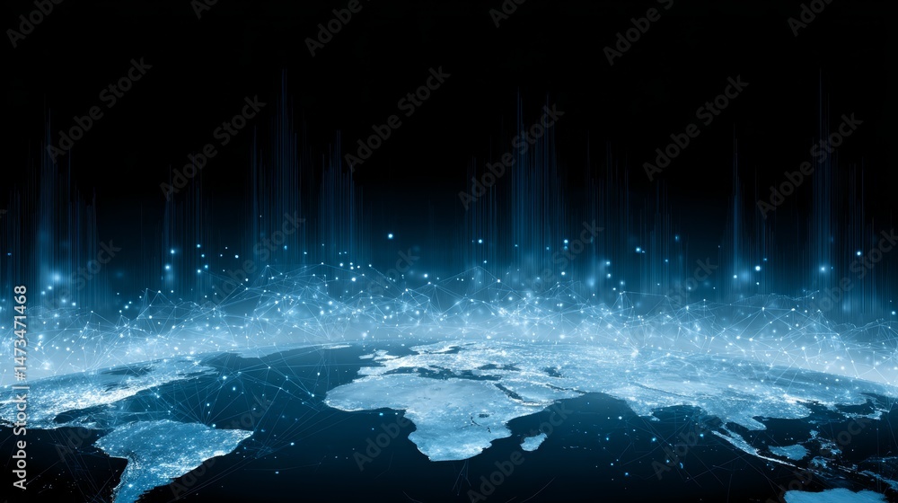 Fototapete Glowing lines and data nodes create intricate patterns on a semi-world map, showcasing global connectivity against a dark tech backdrop with space for text