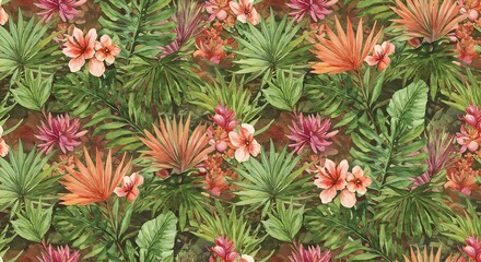 Watercolor Tropical Paradise: Lush Greens, Coral Blooms, and Exotic Foliage