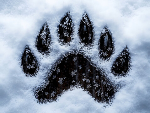 A large paw print in fresh snow, detailed with intricate snowflakes within the imprint