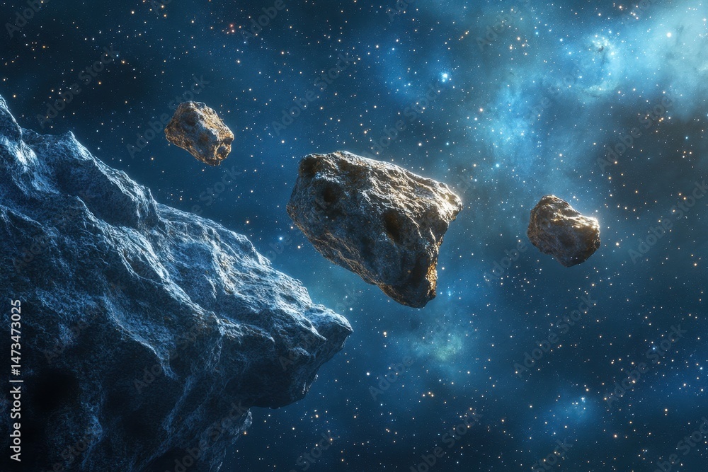 Poster asteroids drifting in the empty expanse of space between mars and jupiter, asteroids floating in spa