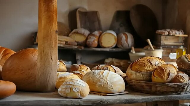 Artisanal Breads and Rustic Bakery Setting in Warm Light, Close-Up Still Life