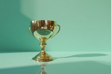 A polished golden trophy cup on a mint-green surface.