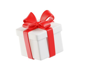3d White gift box with a red bow on a white background. A stylized icon perfect for holiday, birthday, or Christmas. Ideal for greeting cards and promotional materials.
