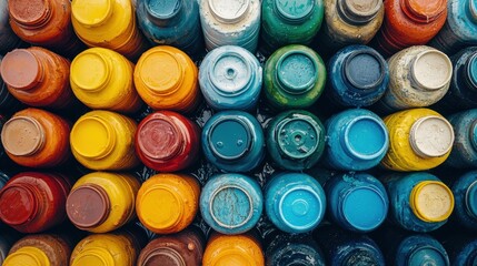 Colorful array of paint cans in various shades and textures, creating an artistic display.