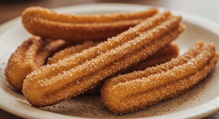 Serving of Churros Covered with Cinnamon Sugar on a Plate