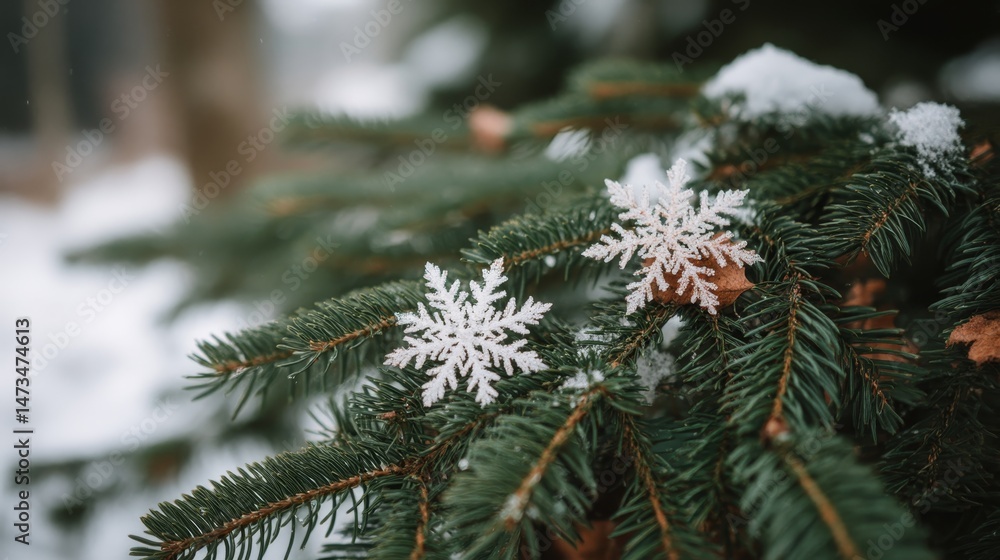 Poster close-up view of intricate snowflakes resting gently on evergreen needles showcases the serene beaut