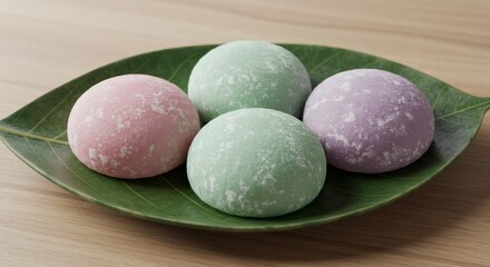 Colorful Rice Cakes Displayed on a Green Leaf Shaped Plate