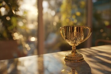 Golden trophy cup on a marble surface outdoors.