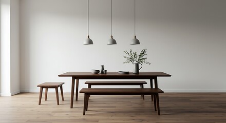 Modern Dining Room Setup: 3D Render of Wooden Table and Benches