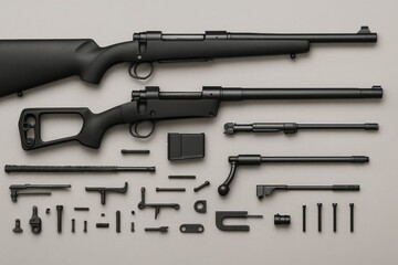 Fototapeta premium Detailed view of a disassembled rifle, parts laid out