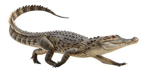 Photorealistic crocodile in motion, walking forward with tail curved, isolated on transparent background, AI Generative