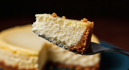 Serving Cheesecake Slice on Fork with Whole Cheesecake in Background