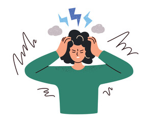 Flat cartoon illustration of tired stressed woman holding head in pain, frustration and anxiety concepts. Emotional health, inner peace vector illustration, mental balance, personal wellbeing