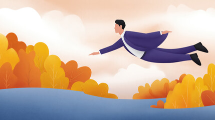 A businessman soars through an autumnal sky, reaching towards a distant shore