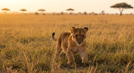 Naklejka premium Lion Cub Walking Across African Savanna at Sunset